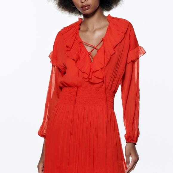 Mini Chiffon Ruffle Lace Up Dress Red - Picture 7 of 11